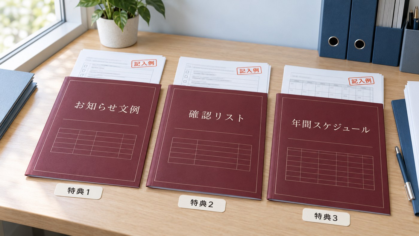 3つの特典：保護者向け・児童向けお知らせ文例、運営指導 準備書類 確認リスト、年間スケジュール