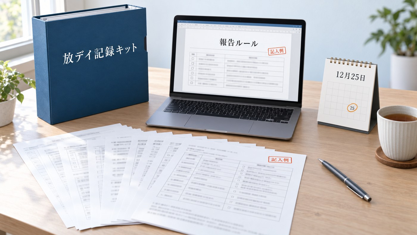 放デイ記録キット：記入例つきのA4書式、パソコンのWordファイル、ファイルボックスを事務机に並べたところ