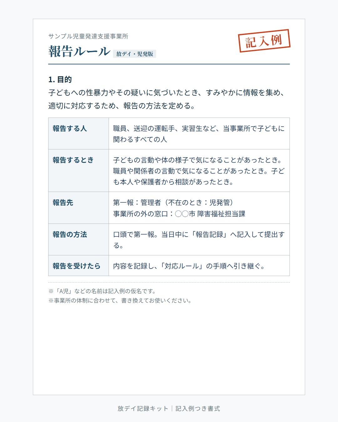 報告ルールの1ページ目（記入例）