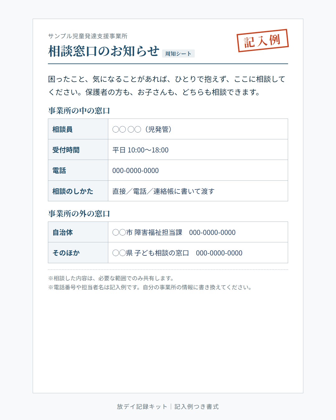 相談窓口の周知シート（記入例）