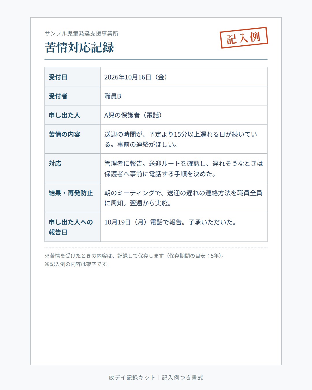 苦情対応記録（記入例）